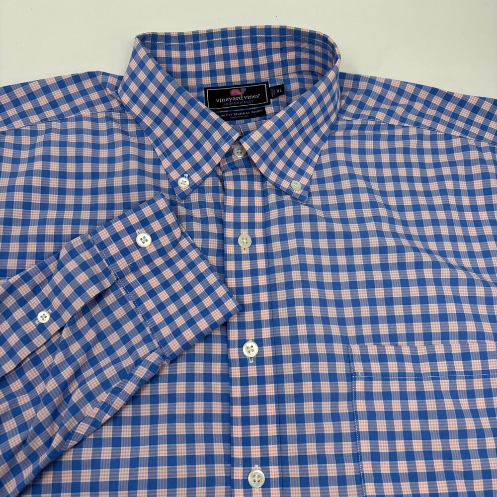 Vineyard Vines Performance XL Slim Fit Blue Pink Check Long Sleeve Murray Shirt